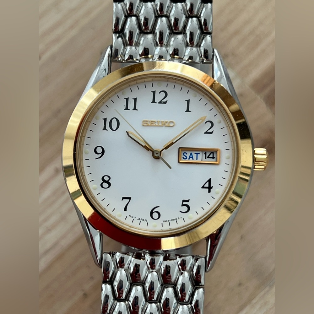 Seiko Men’s Watch New Stainless Weave Bracelet White Dial Gold-Tone Case Date